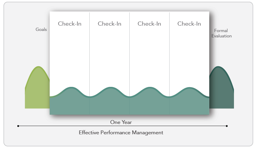 Performance Management waveform graphic with words goals on the left check-ins in the center and Formal Evaluation on the right. 